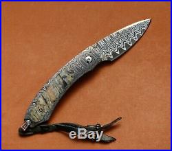 William Henry Interframe Button Lock Folding Knife Damascus Mammoth Tooth Inlays