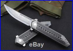 Y-START Camping Knife Hunting Folding Knife Damascus Blade Titanium alloy Handle