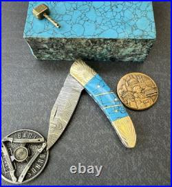 York Vivant Custom Handmade Folding knife Turquoise Stone Handle Art # CBIT-13
