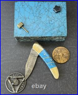 York Vivant Custom Handmade Folding knife Turquoise Stone Handle Art # CBIT-13