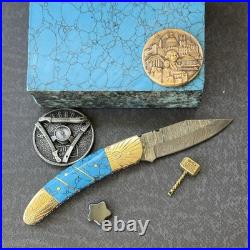 York Vivant Custom Handmade Folding knife Turquoise Stone Handle Art # CBIT-13