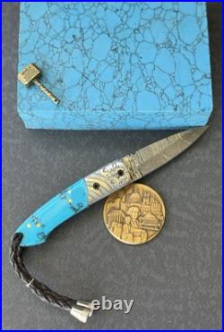York Vivant Custom Handmade Folding knife Turquoise Stone Handle Art # CBIT-15