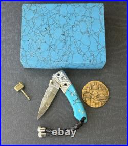 York Vivant Custom Handmade Folding knife Turquoise Stone Handle Art # CBIT-15