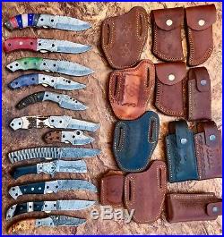 (lot Of 12)damascus Handmade Folding Knives Bone, Stag, Sheep Horn, Bull Horn, Wood