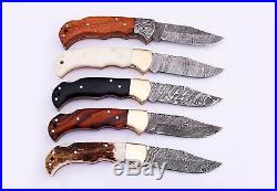 (lot Of 5) Damascus Steel Blade Pocket Knife, Folding Lock Back, Awesome Handle